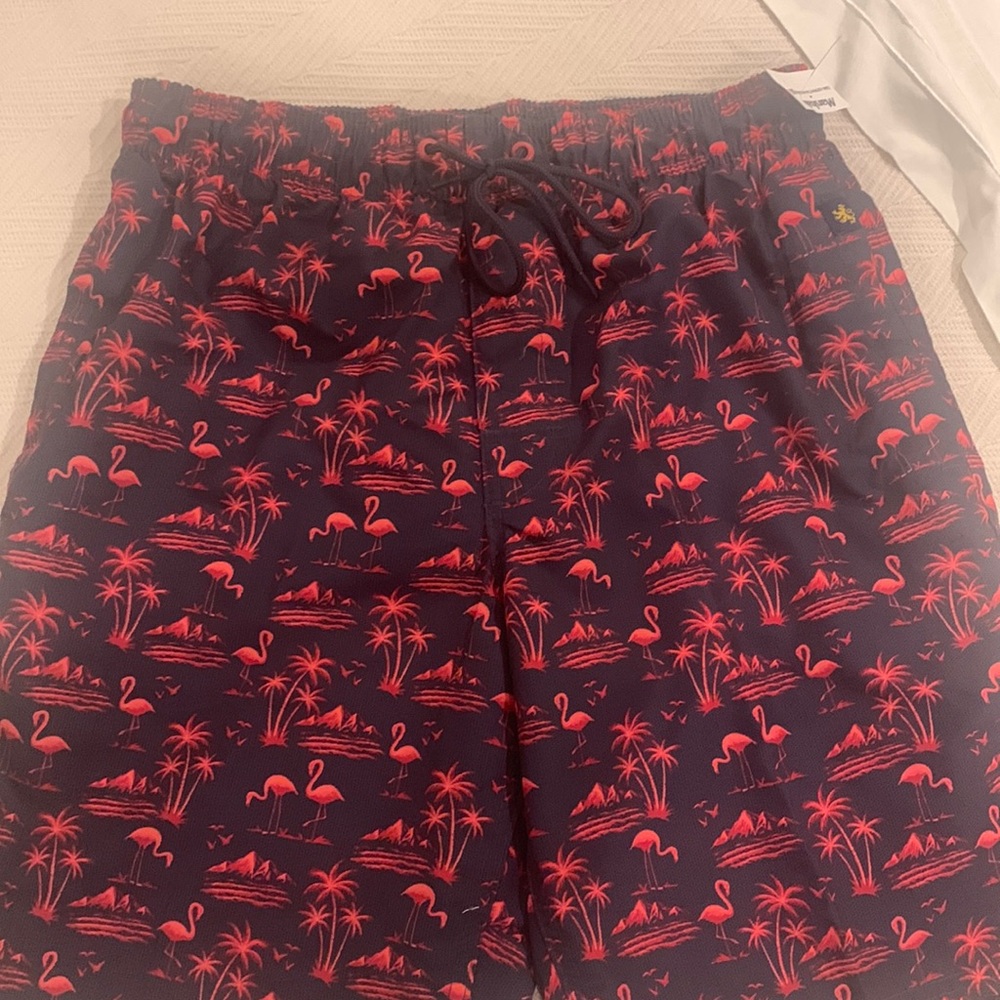 Mens swim shorts, new with tag, size Small, flamingo design